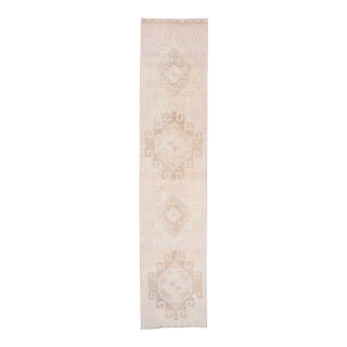 1970s Vintage Turkish Handmade Wool Cotton Beige Runner Rug For Sale
