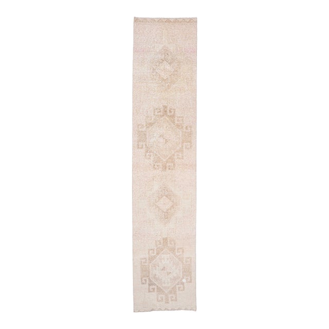 1970s Vintage Turkish Handmade Wool Cotton Beige Runner Rug For Sale