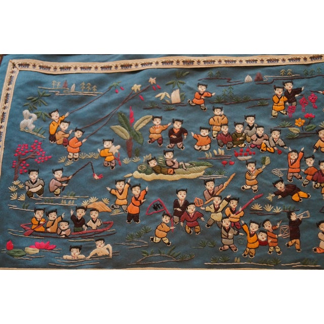 1950s Chinese Silk Embroidered Baizi 100 Children Playing in Spring For Sale - Image 4 of 9