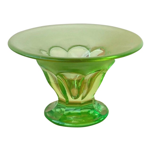 Vintage Vibrant Green Uranium Cut Glass Centerpiece Vase, Circa 1930s For Sale