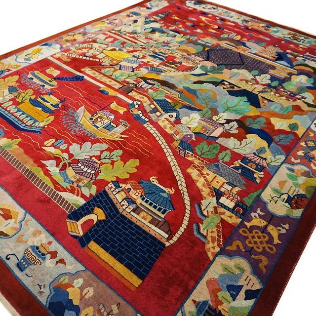 Art Deco 1920s Red Landscape Scene Antique Chinese Art Deco Rug 9'x11' 9" Nichols Workshop Carpet For Sale - Image 3 of 12