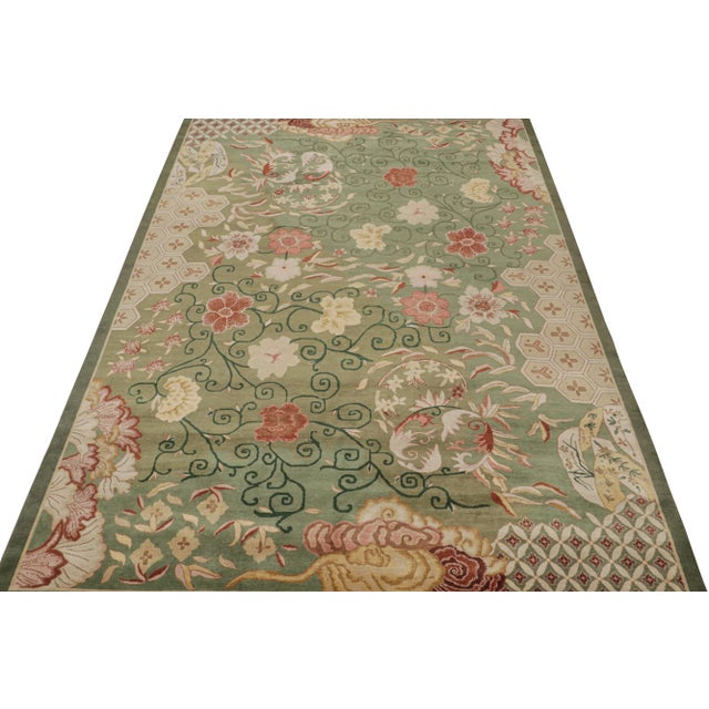 2010s 2010s Rug & Kilim’s Chinese Style Art Deco Rug in Green With Red & Gold Florals For Sale - Image 5 of 8