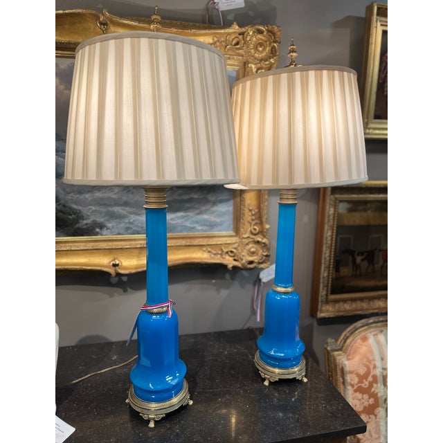French 19th Century Pair French Blue Opaline Glass Lamps For Sale - Image 3 of 6