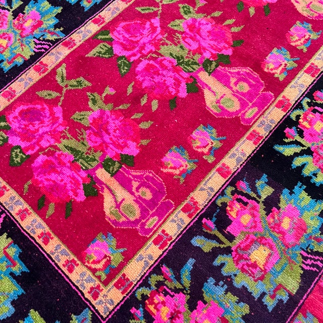 1940s 1930s Vintage Karabakh Rug Caucasian Handwoven Wool on Cotton Foundation pinkVibrant Floral Rug - 4’9x9’9 For Sale - Image 5 of 12