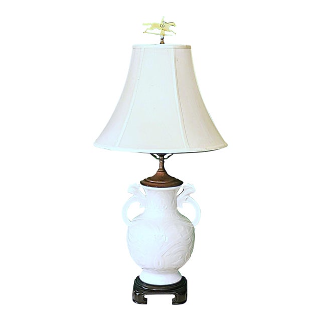 Late 20th Century Wildwood Neoclassical White Porcelain Urn Lamp With Horse & Jockey Finial – 29.5” For Sale