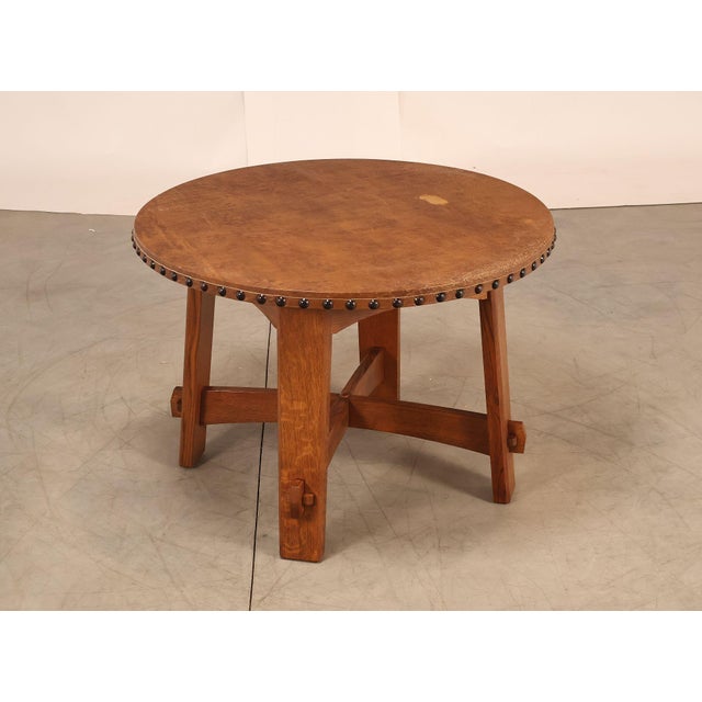 High Quality American Made Solid Oak Card or Center Table with Leather Wrapped Round Top