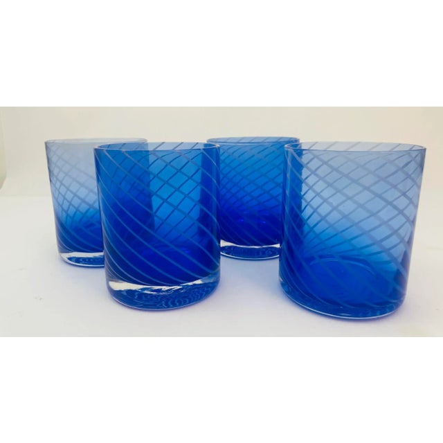 Set of 4 handmade cobalt blue candy stripe Italian drinking glasses tumblers lowball barware in French Maison Baccarat...
