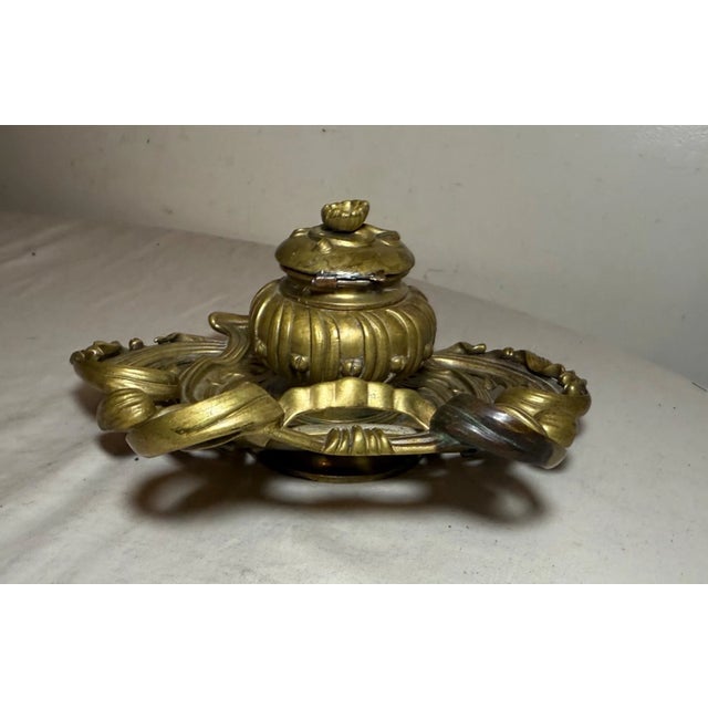 Antique Ornate 19th Century Art Nouveau Gilt Bronze Brass Desk Inkwell Stand Jar For Sale - Image 10 of 15