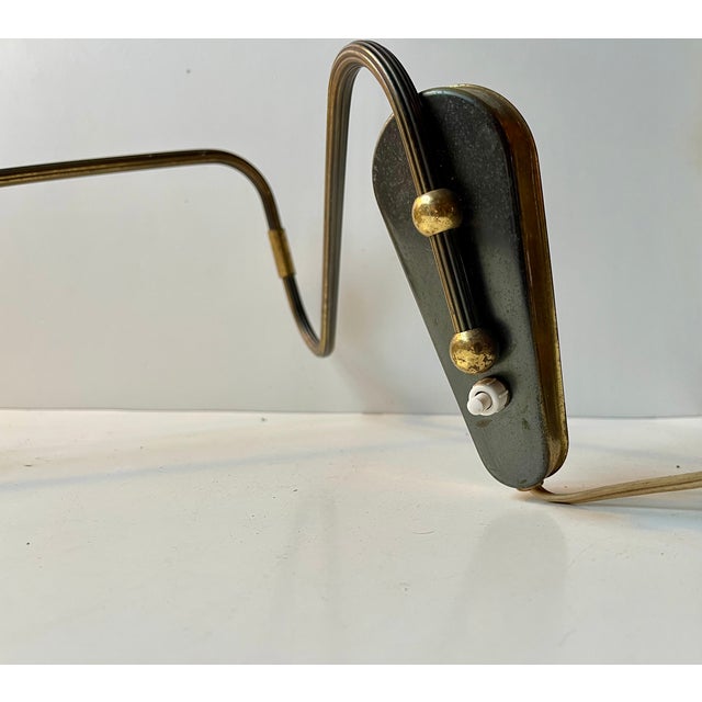 Modern Danish Adjustable Brass Swing Arm Wall Light with Striped Glass Shade, 1960s For Sale - Image 6 of 12