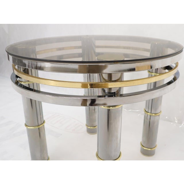 Silver Late 20th Century Chrome Brass Smoked Glass Round Side Table Stand For Sale - Image 8 of 10