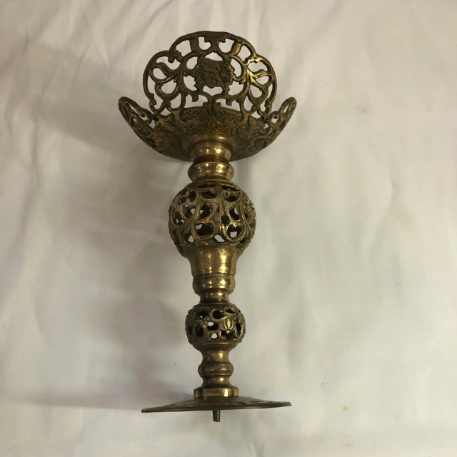 Vintage Pierced Brass Candlestick Holders -Dragon Design- a Pair For Sale - Image 4 of 6