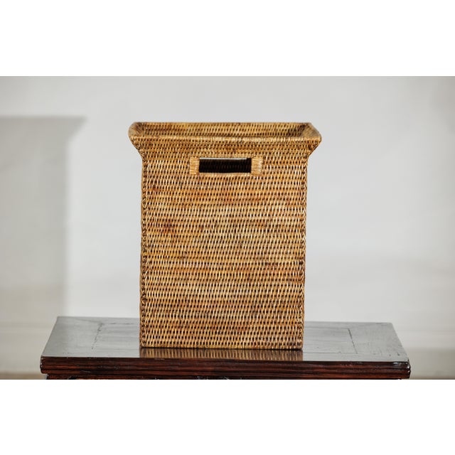 Wood Country Style Square Handwoven Rattan Basket with Flared Rim and Side Handles For Sale - Image 7 of 18