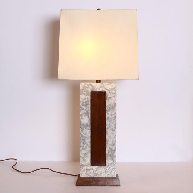A Modernist rectangular table lamp Marble with walnut details. H:35 Shade W:15 shade D:13 inches.