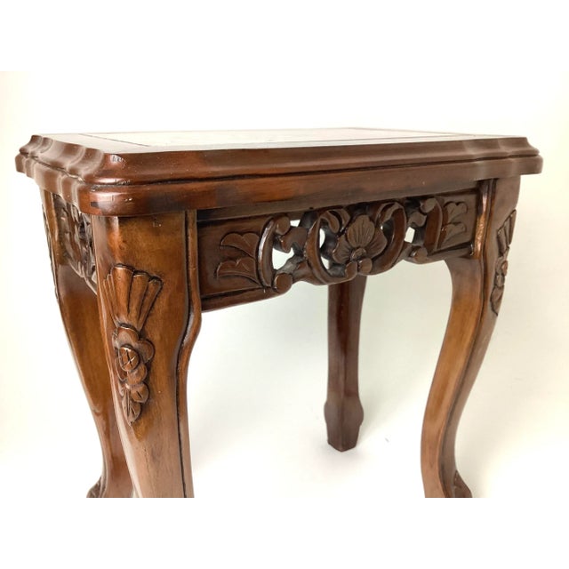 Small Chinese Carved Wood Side Table With Inlaid Pink Marble Top For Sale In New York - Image 6 of 8