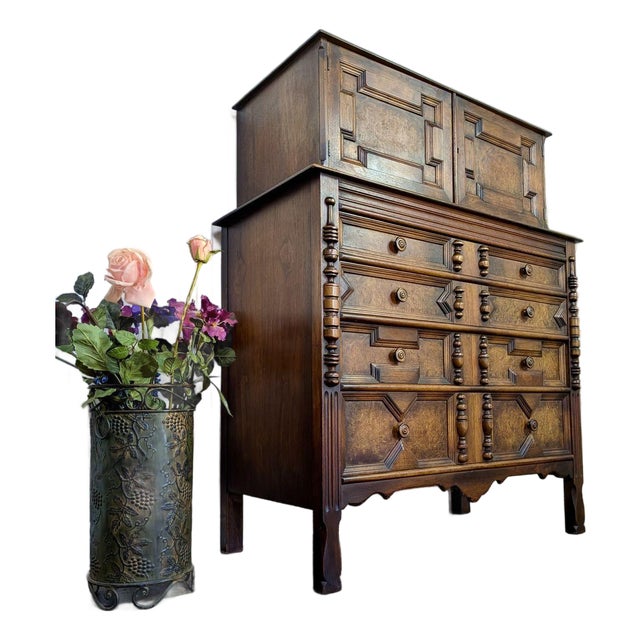Vintage Burl Wood Spanish Revival Chest-on-Chest Dresser For Sale