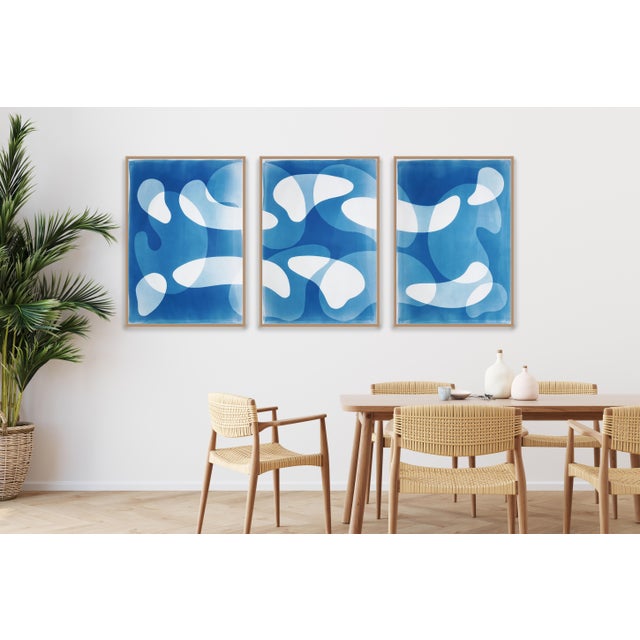 Blue 2025, Abstract Modern Shapes, Large Triptych in Blue Tones, Blue Floating Mobile, Unique Cyanotype Monotype on Watercolor Paper For Sale - Image 8 of 11