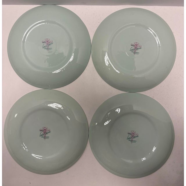 Mid-Century Modern Mid 20th Century Celadon Green Lady Empire “Permacal” Dinner Plates – Set of 4 Botanical Silver Rim For Sale - Image 3 of 6