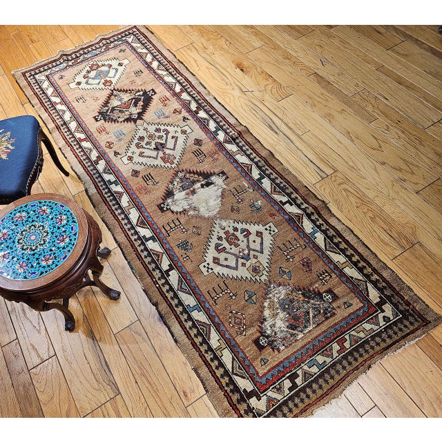 Textile Antique 19th C. Persian Kurdish Runner Rug, Hand-Knotted Wool, Geometric Pattern, 4x10, Camelhair & Ivory For Sale - Image 7 of 18