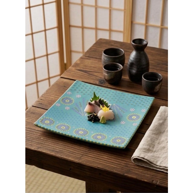 Ceramic Large Handmade South African Ceramic Platter – Teal and Ochre Slip-Dot Floral Square Plate For Sale - Image 7 of 11