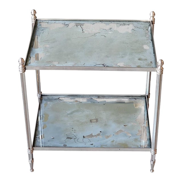 1970s Mid-Century Chrome Two-Tier Side Table With Mirrored Shelves Styled After Maison Jansen For Sale