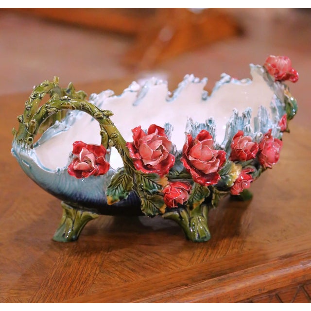 French 19th Century French Painted Ceramic Barbotine Floral Jardinière Planter For Sale - Image 3 of 10
