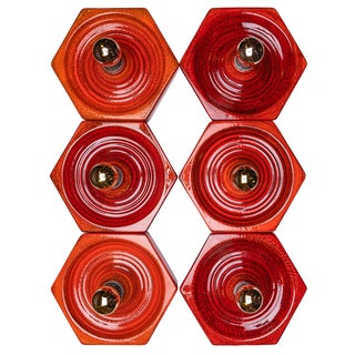 Hexagonal Wall Lamp in Red Orange Ceramic from Hustadt Germany, 1970s For Sale