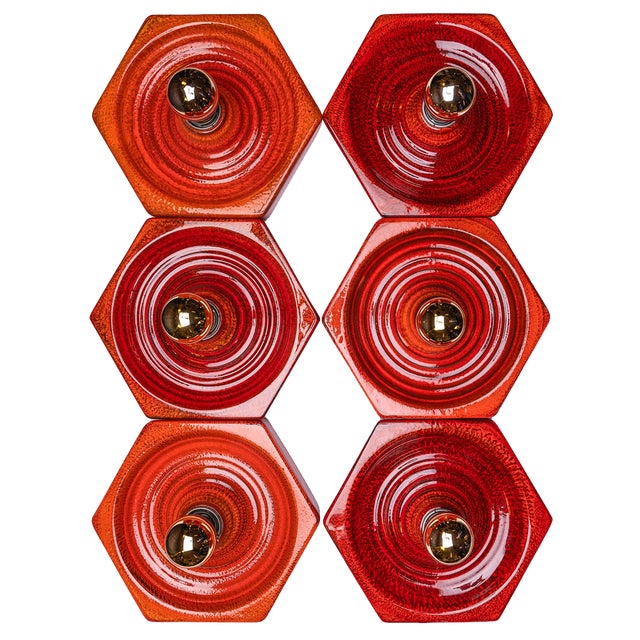 Hexagonal Wall Lamp in Red Orange Ceramic from Hustadt Germany, 1970s For Sale
