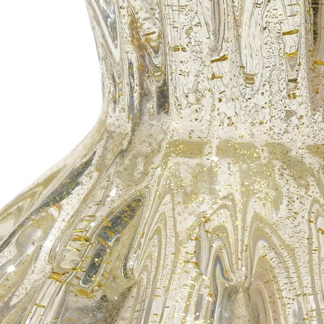 Gold Murano Vintage Clear Gold Flecks Bibbles Italian Art Glass Fan Shaped Scissor Cut Rim Flower Vase For Sale - Image 8 of 9