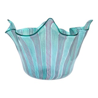 Vintage Fratelli Toso Murano Large Ribbons Italian Art Glass Sculptural Fazzoletto Flower Vase Centerpiece Bowl For Sale
