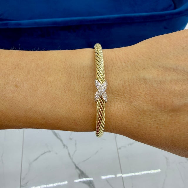Gold David Yurman Cablespira X 14k Yellow Gold 6mm Ct Diamond Cuff Bangle Bracelet For Sale - Image 8 of 8