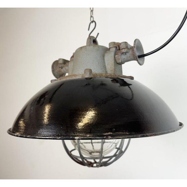 Glass Black Enamel and Cast Iron Industrial Cage Pendant Light from Elektrosvit, 1960s For Sale - Image 7 of 18