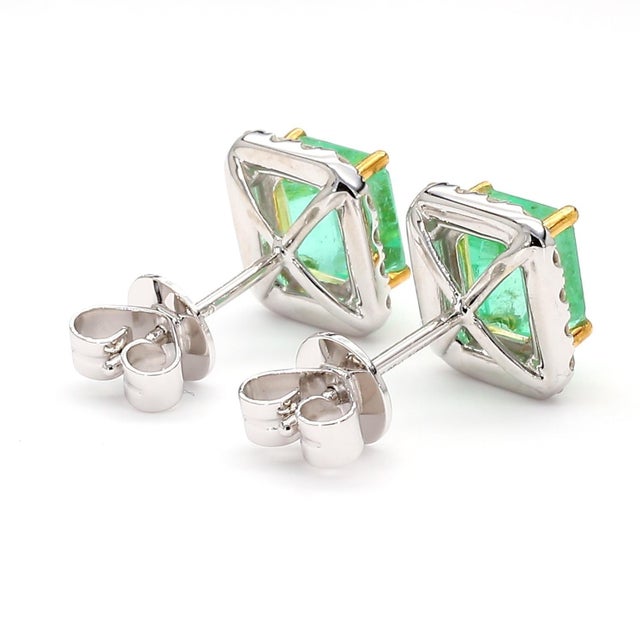 2.60 Carat Emerald Cut Emerald and Diamond Halo 18k Two Tone Gold Stud Earrings, Pair For Sale - Image 4 of 9