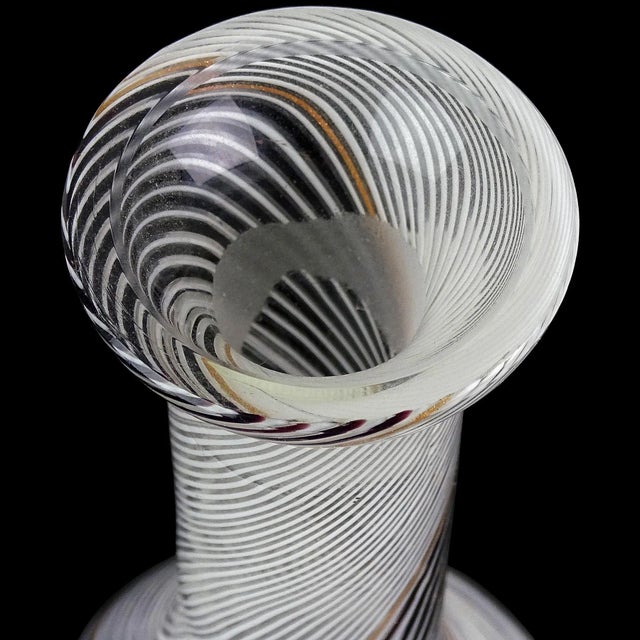 Black Vintage Dino Martens Murano Black White Aventurine Swirl Ribbons Italian Art Glass Flower Vase For Sale - Image 8 of 9