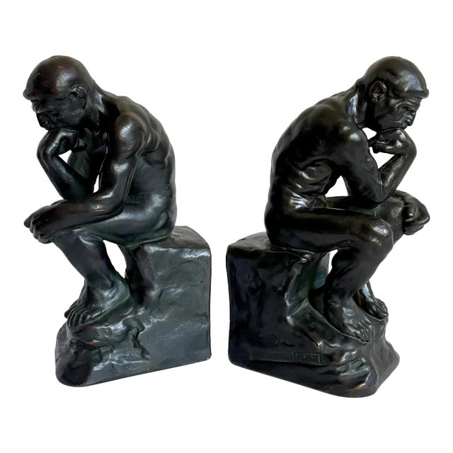 Pair of Signed "The Thinker" Bronze Clad Figurative Nude Male Bookends For Sale