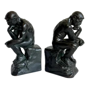 Pair of Signed "The Thinker" Bronze Clad Figurative Nude Male Bookends