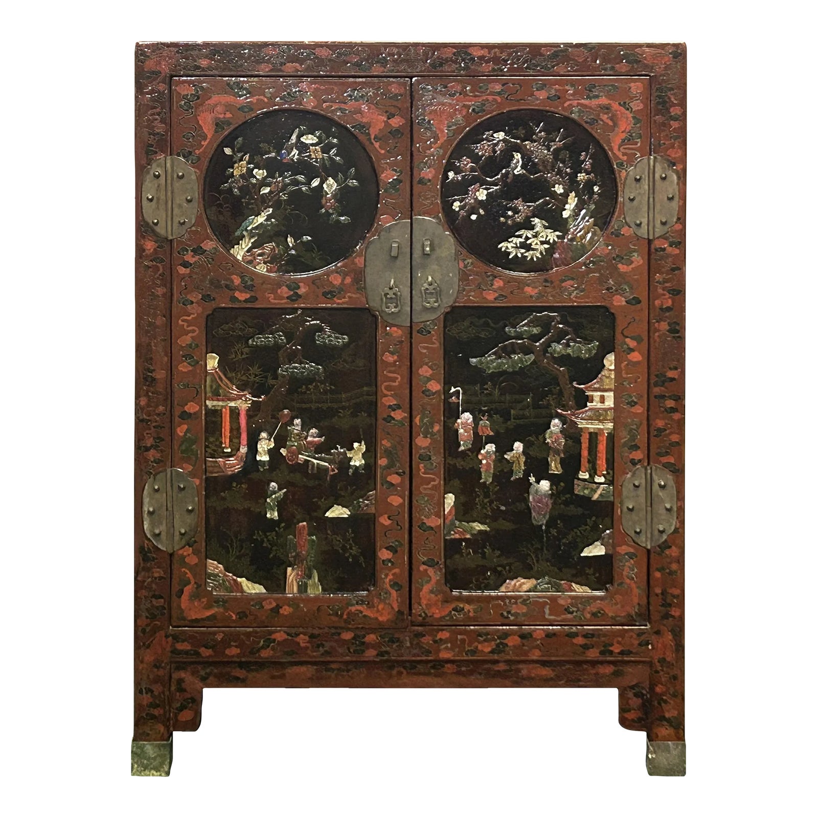 Vintage Chinoiseries Brick Red & Stone Inlay Graphic Credenza Cabinet ...
