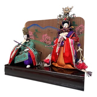 Japanese Emperor and Empress Hina Dolls with Wooden Box, 1950s, Set of 2 For Sale
