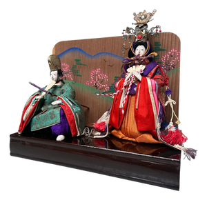 Japanese Emperor and Empress Hina Dolls with Wooden Box, 1950s, Set of 2