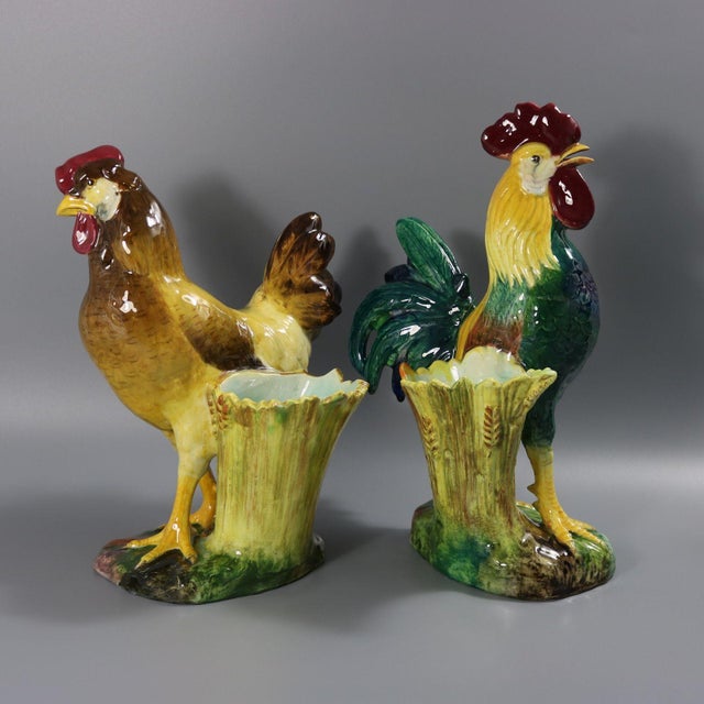 Pair of Jerome Massier Hen & Rooster Vases For Sale - Image 4 of 12