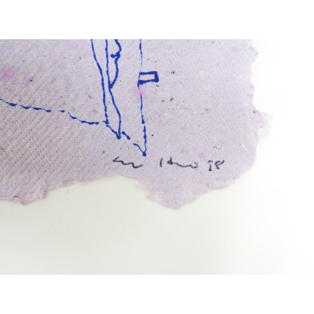 Modernist 1998 blue ink on lavender handmade paper portrait drawing by Eva Bouzard-Hui (1936-2023) New Jersey. Signed and...