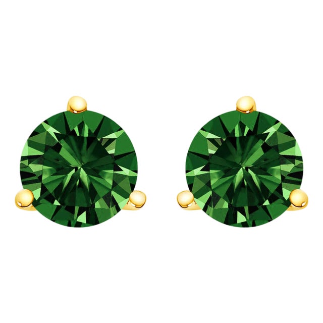 14K Yellow Gold 1.0 Cttw 3-Prong Martini Set Lab Grown Green Diamond Solitaire Stud Earrings For Sale