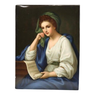 Antique KPM Classical Portrait Porcelain Tile of Woman With Scroll Signed C1890 For Sale