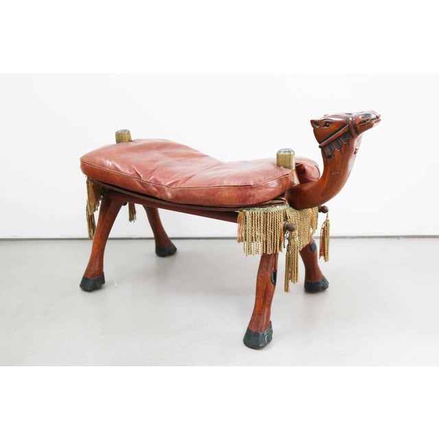 Vintage Egyptian Camel Saddle Stool in Leather and Wood, 1950s For Sale - Image 3 of 11