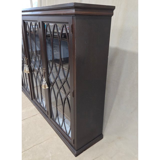 Art Deco Vintage English Mahogany Bookcase With Lattice Mullions and Adjustable Shelves For Sale - Image 3 of 12