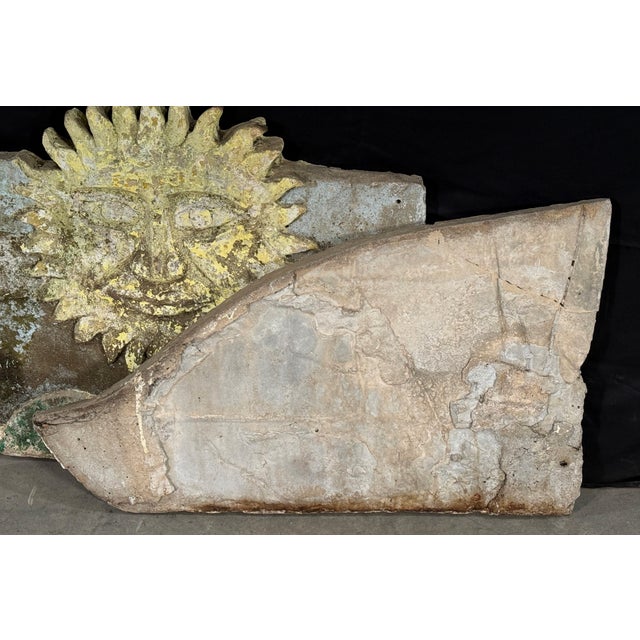 Rare 80" Vintage c.1940's Concrete Frieze Triptych Wall Mounted Garden Art - Sun & Roosters / Chickens For Sale - Image 13 of 13