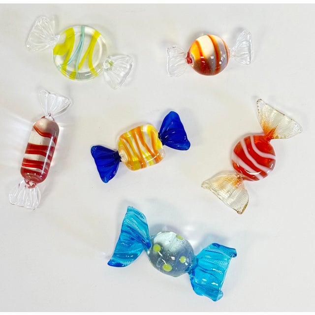 Vintage set of six (6) colorful Murano style blown glass wrap candies in a rich variety of shapes and colors. Age wear. No...