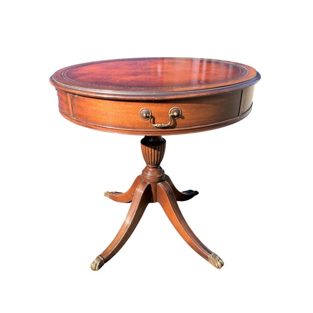 1940s Vintage Hekman RegencyStyle Mahogany Drum Table With Leather