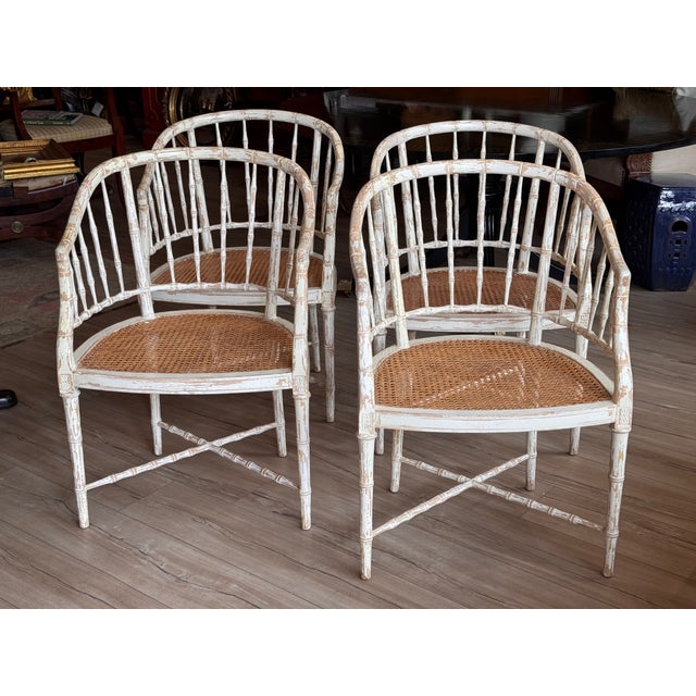 Mid 20th Century Set of Four Regency Style White Painted Faux Bamboo Armchairs With Cane Seats For Sale - Image 5 of 13