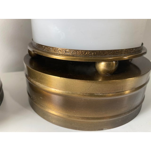 Kessler Industries Mid 20th Century Columnar Frosted Glass and Brass Table Lamps - A Pair For Sale - Image 4 of 9