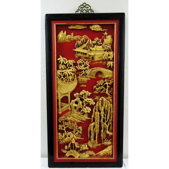 Chinese Early 20th Century Chinese Black Lacquer Painted and Carved Gold Giltwood Wall Hanging Panels - a Pair For Sale - Image 3 of 12